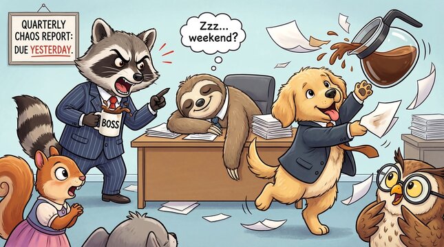 Raccoon and dog cause chaos at office with sloth coworker.