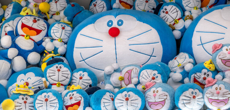 Shanghai, China - May 19 2025 a large collection of plush toys depicting the character Doraemon, a Japanese cartoon robotic cat