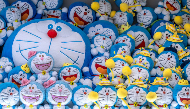 Shanghai, China - May 19 2025 a large collection of plush toys depicting the character Doraemon, a Japanese cartoon robotic cat