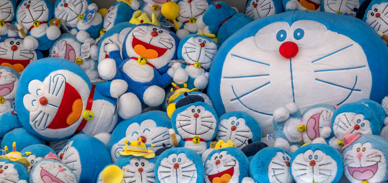 Shanghai, China - May 19 2025 a large collection of plush toys depicting the character Doraemon, a Japanese cartoon robotic cat