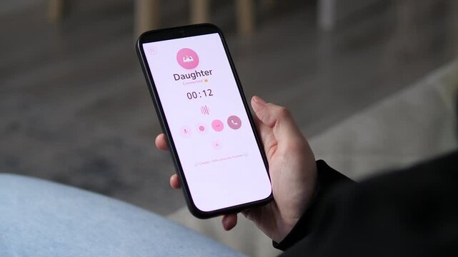Close-up of a father calling his daughter via a sleek smartphone app. Heartwarming UI features a Daddys little princess message and call timer. Perfect for family communication, parenting, and