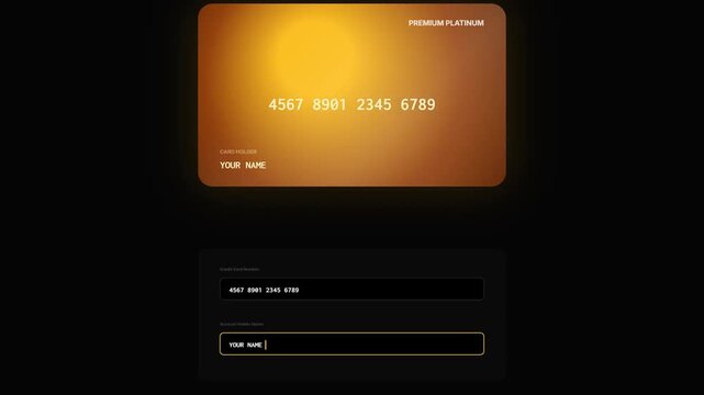Animated gold credit card with glassmorphism UI input fields for card number and holder name on black background