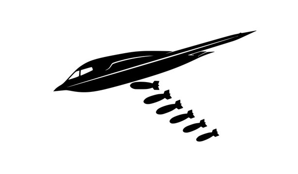 Stylized stealth bomber dropping bombs vector silhouette dynamic military aircraft illustration
