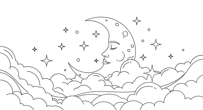 Dreamy line drawing of a crescent moon with a peaceful sleeping face floating among fluffy clouds and twinkling stars.