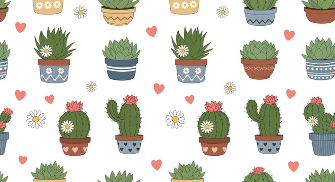 Seamless pattern featuring a variety of green cacti and succulent plants in decorative pots with small hearts and daisies.