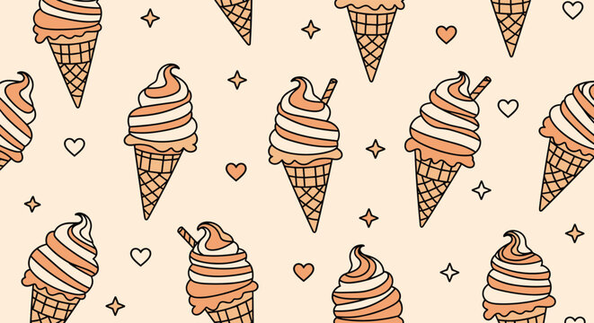 Seamless pattern of soft serve ice cream cones and small red hearts on a warm beige background with sparkles.
