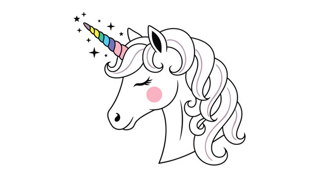 Majestic unicorn head with a rainbow colored horn and sparkling stars features a soft purple mane in a whimsical fantasy style.
