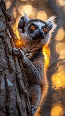 Fototapeta premium A lemur is perched on a tree branch, looking up at the sun. The image has a warm, natural feel to it, with the sun casting a golden glow on the scene. The lemur's curious expression