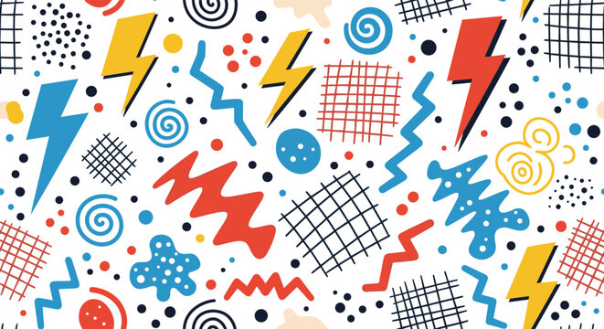 Vibrant abstract pattern features lightning bolts squiggles and dots in a retro nineties style with a white background.