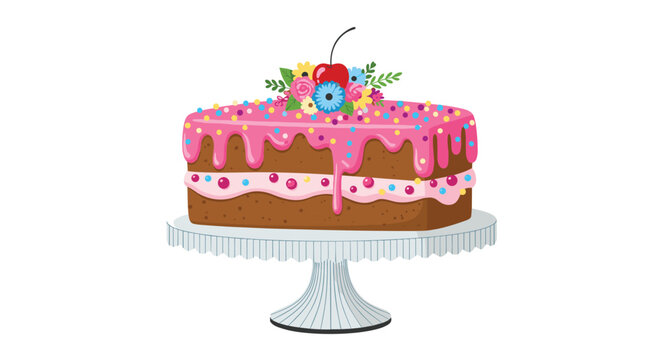 Delicious rectangular chocolate cake with pink melting frosting sprinkles and floral decorations on a glass stand.