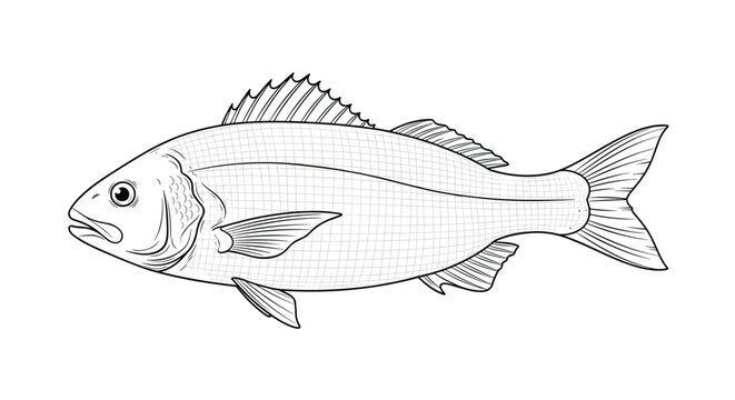 Detailed scientific line drawing of a fish showing intricate scales and fins for biological study or nature design.