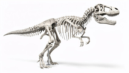 Fototapeta premium 3D Rendered Tyrannosaurus Rex Dinosaur Skeleton Fossil on Metal Display Stand Against White Background, Detailed Prehistoric Carnivore Bone Structure Natural History Museum Exhibit