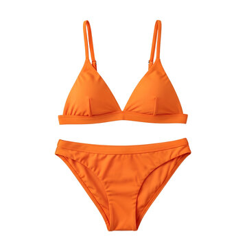 Orange Bikini Swimsuit PNG. Front view of a bright two piece summer bathing suit isolated for beach vacation and pool party fashion designs. Classic swimwear flat lay PNG.