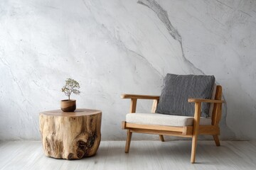 Fototapeta premium Wooden chair and stump table with plant against marble wall.