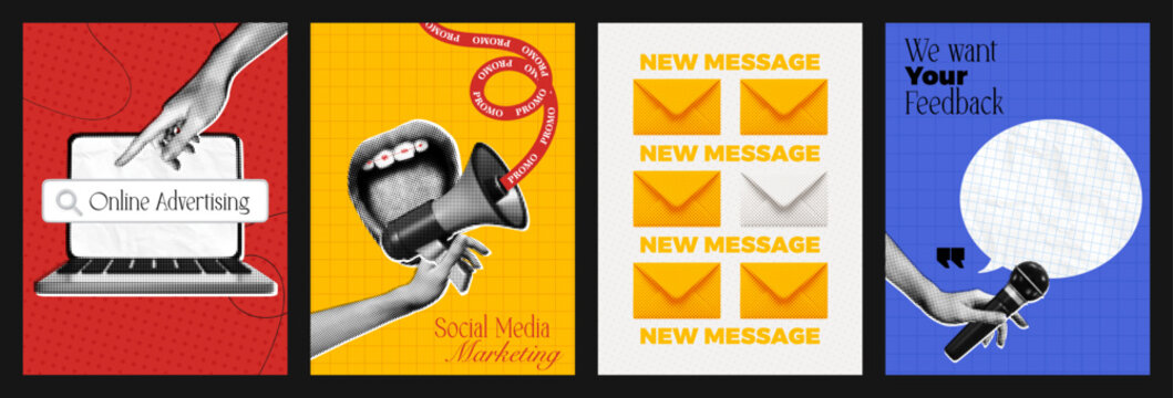 Trendy Halftone Collage Social Media Marketing Set. Digital content and online adverting. Laptop with seo. Open mouth with megaphone and text. Letter envelopes. Microphone and speech bubble message