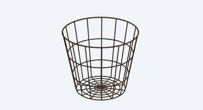 Minimalist wire mesh waste basket or storage bin with a lattice design in a realistic three dimensional perspective view.