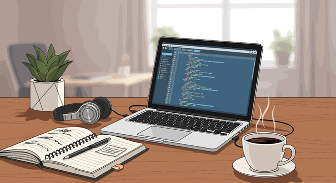Modern workspace with laptop displaying code and coffee cup on wooden desk.