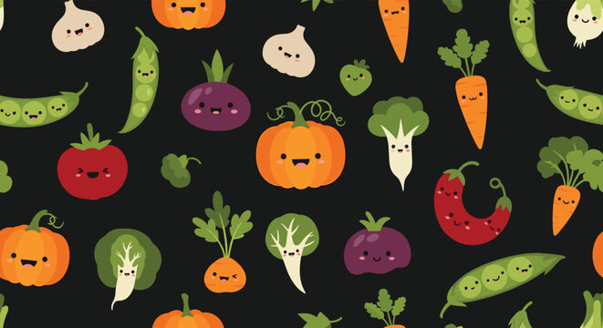 Fun and colorful seamless pattern of smiling cartoon vegetables with happy faces on a dark background for healthy food themes.