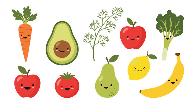Large collection of cute cartoon fruits and vegetables with happy faces including carrot avocado apple tomato pear and banana.