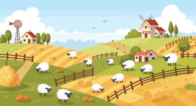 Scenic farm landscape with rolling green hills grazing sheep wooden fences hay bales and a traditional windmill and farmhouse.