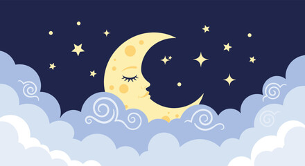 Fototapeta premium Dreamy illustration of a crescent moon with a sleeping face resting among soft blue clouds and bright yellow stars.