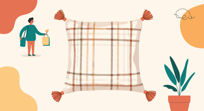 Cozy cream colored throw pillow featuring a brown and orange plaid pattern and decorative tassels on the corners.