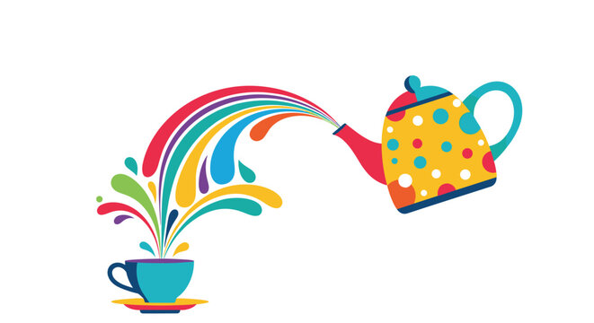Creative concept illustration showing a colorful polka dot watering can pouring a vibrant liquid rainbow into a cup.