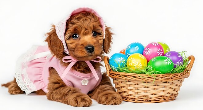 A cute brown puppy wearing a pink dress lies next to a wicker basket filled with colorful Easter eggs.