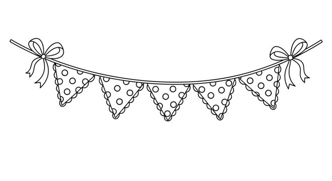 Delicate line drawing of a hanging bunting banner with polka dot flags and decorative ribbons tied at the ends.