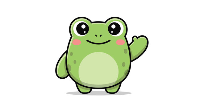 Cute green frog character with large eyes waves its hand in a friendly gesture against a plain white background.