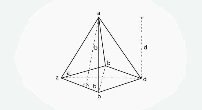 Mathematical diagram of a three-dimensional square pyramid with labeled vertices edges and height lines on a simple background.