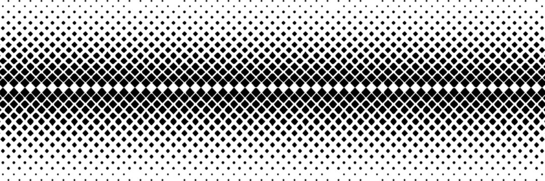Geometric pattern of black diamonds on a white background.Seamless in one direction.Long fade out.The radial transformation method.