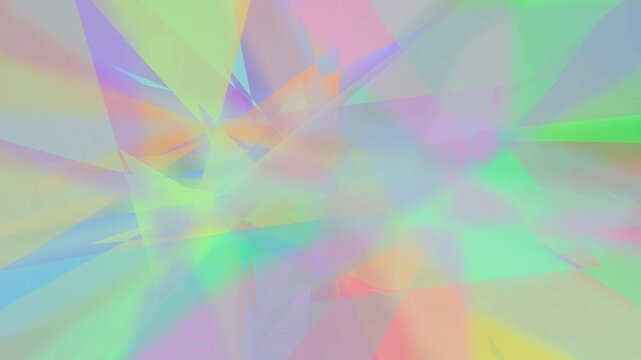 Abstract motion of vibrant rainbow geometric shards creating a fluid, prismatic kaleidoscope overlay effect with dynamic color gradients.