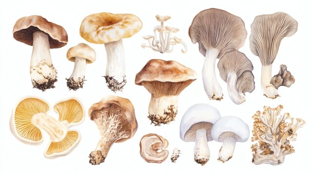 Watercolor illustration set of assorted edible mushrooms isolated on white background, including shiitake, oyster, enoki and button varieties, hand-painted botanical style.