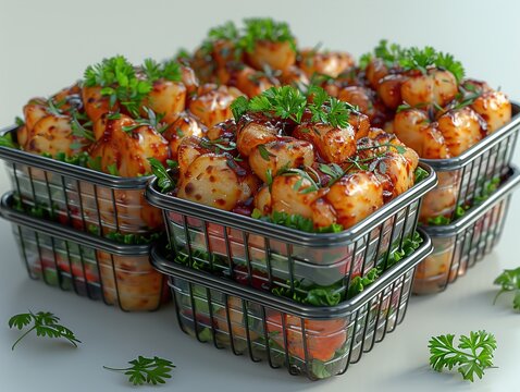 A stack of wire baskets filled with grilled shrimp and garnished with parsley