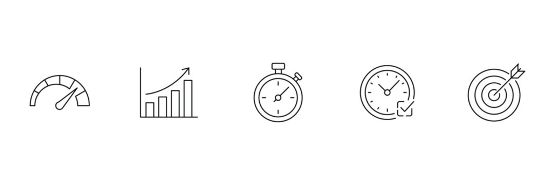 Performance and productivity business line icons for time management growth analytics goal targeting speed optimization and strategic project planning vector illustration.