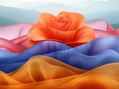 A vibrant abstract landscape with colorful fabric waves and mountain background