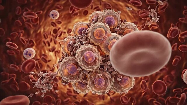 Malignant tumor cell cluster proliferating within a human bloodstream, illustrating disease progression, cellular growth, and microscopic biological mutation in oncology research.
