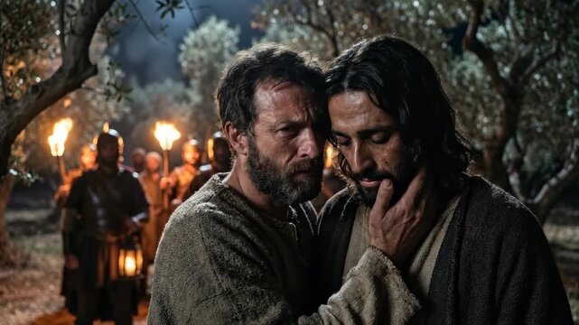 Jesus Christ's arrest, Judas' betrayal kiss in the Garden of Gethsemane, significant biblical narrative, profound religious history, spiritual suffering, historical drama