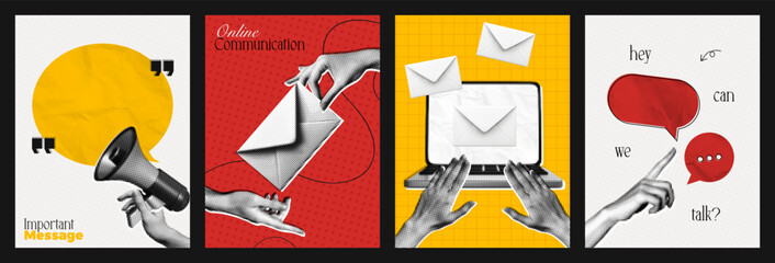 Plakat Trendy Halftone Collage Social media communication set of posters. Computer laptop with hands and envelopes. Megaphone with speech bubble messages. Business email. Contemporary vector illustration art