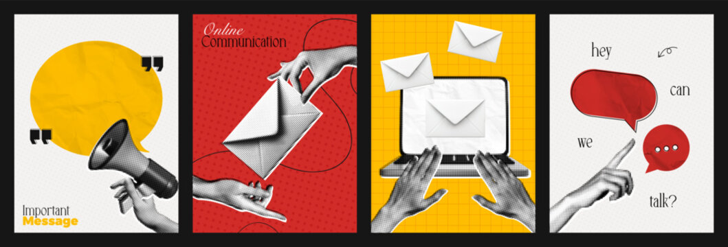 Trendy Halftone Collage Social media communication set of posters. Computer laptop with hands and envelopes. Megaphone with speech bubble messages. Business email. Contemporary vector illustration art