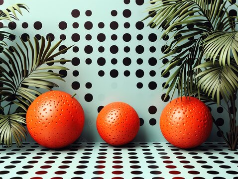 Three vibrant oranges on a polka dot surface with tropical leaves