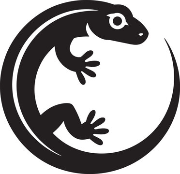 Stylized gecko silhouette curled in a circle, simple black and white illustration vector