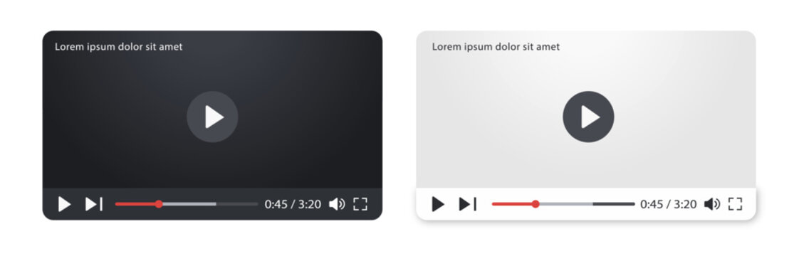 Multimedia video player ui with play button and playback controls, video streaming interface template in light and dark mode, modern minimal media player design