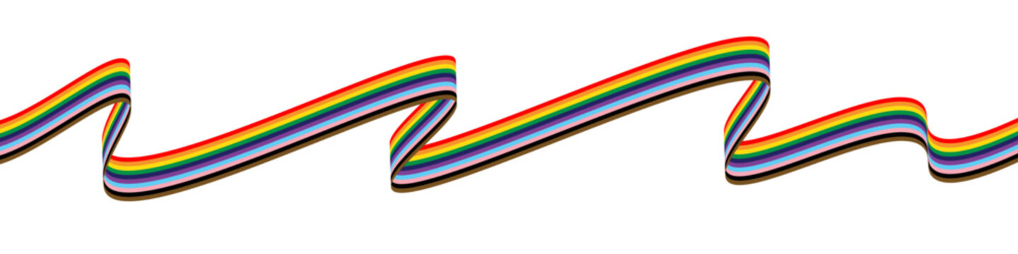 Pride rainbow ribbon with extended inclusive colors in smooth flowing wave, symbol of LGBT diversity and equality. Design for Pride Month banners, social media graphics and branding