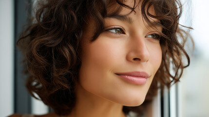 Naklejka premium Close-up portrait of a lower face and natural curly brown hair of a young woman near a window, beauty and hair lifestyle concept, defocused background, with copy space