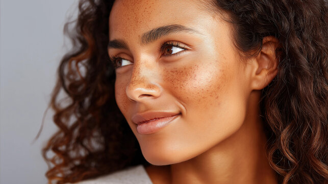 Close-up profile of a Hispanic woman with natural skin texture showing hyperpigmentation, dark patches, and uneven skin tone, realistic female beauty and skin conditions concept,