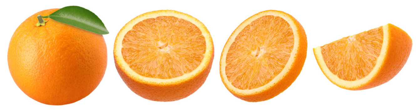 orange fruit with leaves, slices and half isolated, transparent PNG, collection, PNG format