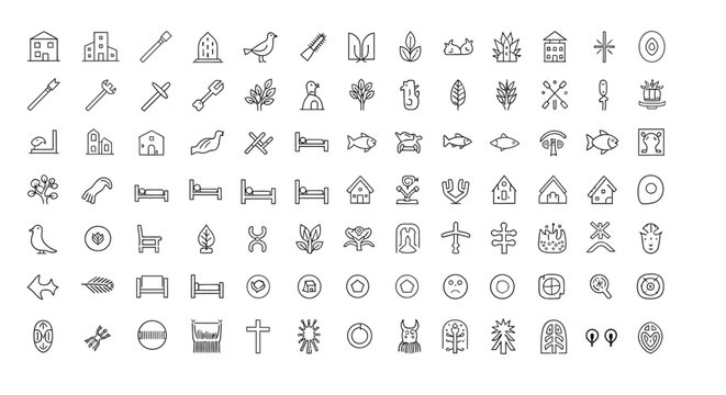 A collection of diverse thin line icons depicting various objects buildings animals and abstract designs