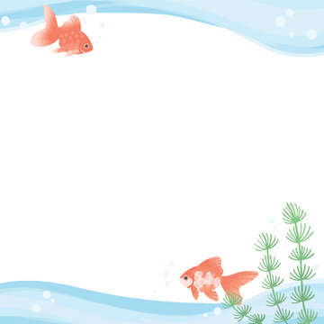 Goldfish Swimming Underwater Frame Vector Square Format Transparent Background | 水草と金魚の水中フレーム 正方形ベクター（背景透過）